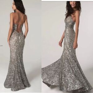NEW SCALA silver sequined trumpet lace up back maxi gown dress 8
